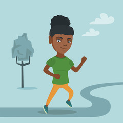 Sticker - Young african-american sportswoman running along the forest road. Cheerful sportswoman running outdoors. Smiling sportswoman running in the park. Vector cartoon illustration. Square layout.