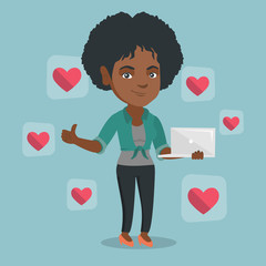 Wall Mural - Young african-american woman with thumb up standing around buttons of social media in the shape of heart