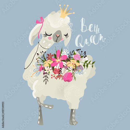 Cuadros en Lienzo Beautiful and cute llama, alpaca with crown, beautiful flowers and tied bow