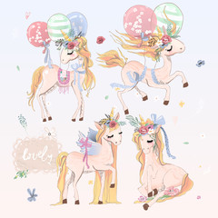 Collection, set of beautiful hand drawn unicorns with balloons, wings and floral flowers wreath. Romantic and beautiful, hand drawn magic vintage baby horse