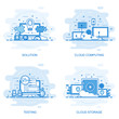 © alexdndz - Modern flat color line concept web banner of Testing, Solution, Cloud Computing and Cloud Storage. Conceptual vector illustration for web design, marketing, and graphic design.