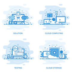 Poster - Modern flat color line concept web banner of Testing, Solution, Cloud Computing and Cloud Storage. Conceptual vector illustration for web design, marketing, and graphic design.
