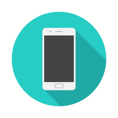 mobile phone circle icon with long shadow. flat design style. smart phone simple silhouette. modern,
