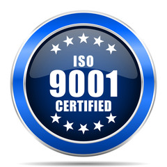 Aufkleber - Iso 9001 vector icon. Modern design blue silver metallic glossy web and mobile applications button in eps 10