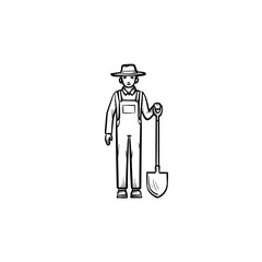 Wall Mural - Vector hand drawn Farmer with shovel outline doodle icon