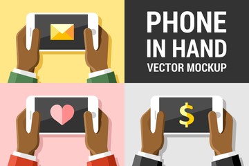 Vector phone mockup in human hands on colored illustration background set 2