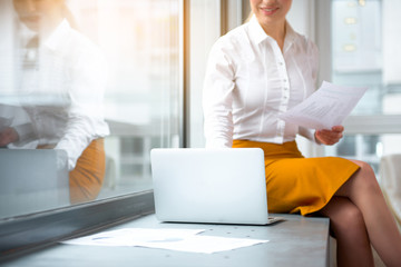 Poster - Smiling young businesswoman typing in notebook computer while sitting near window. Profession concept