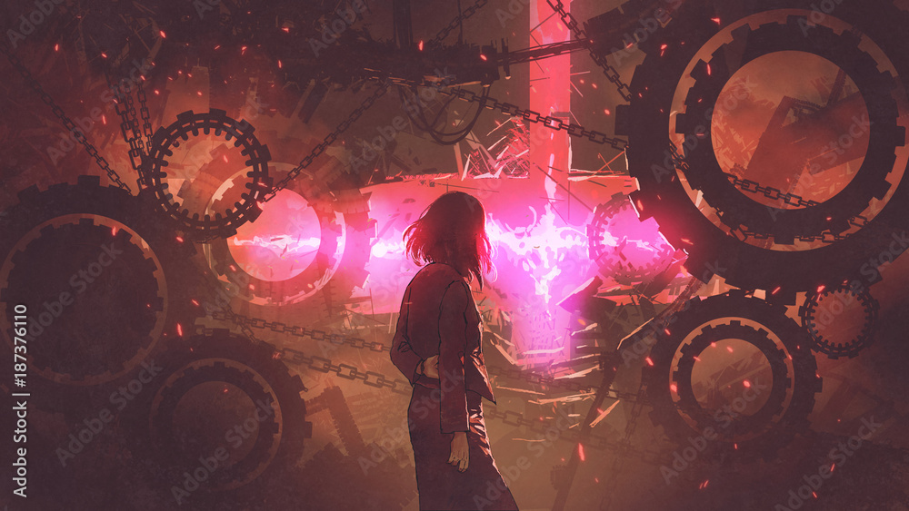 Fotografia back view of woman standing in old factory looking at the red light through gear