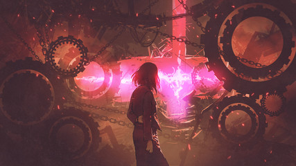 back view of woman standing in old factory looking at the red light through gears, digital art style, illustration painting