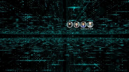 Poster - abstract dark background dolly moving camera pass through particle and lighting with people connecti