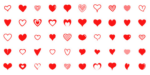 Poster - design red heart shapes icons set. simple illustration of 50 heart love day valentine vector icons f