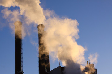 Cloud of white smoke from industrial chimney against blue clear sky with copy space