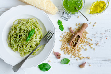 Wall Mural - Spaghetti with homemade pesto sauce