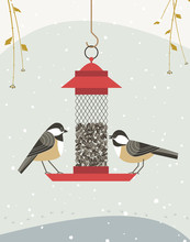 Cute Black Capped Chickadee Bird Poster. Comic Flat Cartoon. Minimalism Simplicity Design. Winter Birds Feeding By Sunflower Seeds In Feeder. Template Birdwatching Card Background. Vector Illustration
