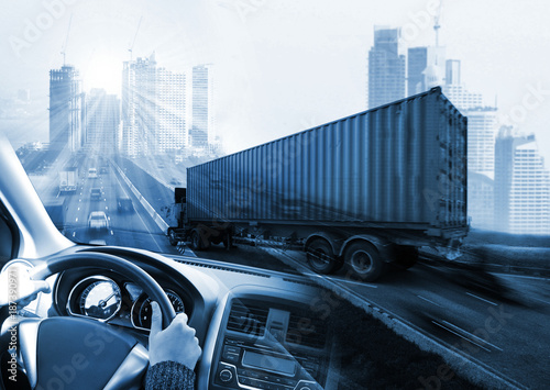 Obraz Dibond Truck run on road, transportation logistic concept