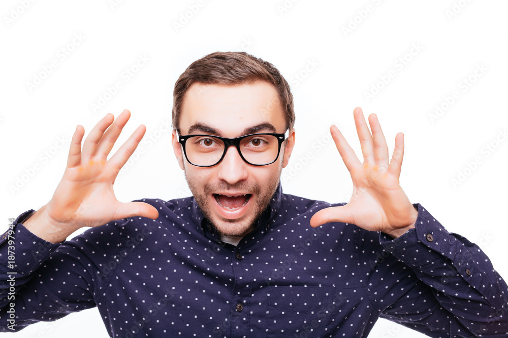 Retarded man making funny faces is silly on white background Stock
