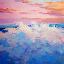 Pink Morning With Sea Wave, Landscape Oil On Canvas, Illustration