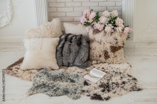 fur cushions in the interior Poster Mural XXL