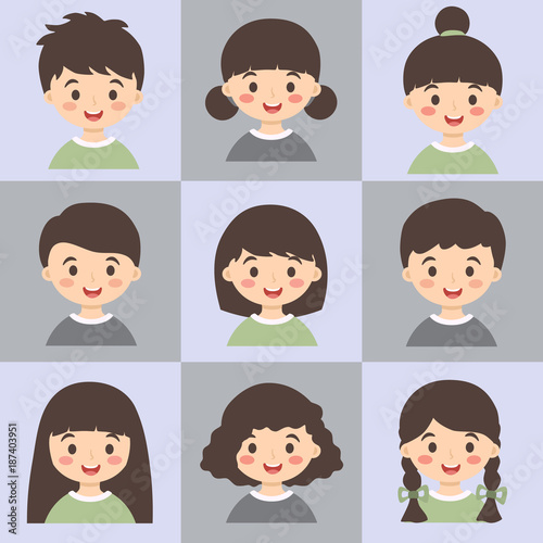 Cute Kids Face Avatar Cartoon Character With Different Hair Style