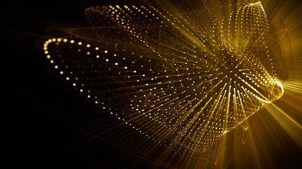 Poster - Abstract yellow gold and black background. Fractal graphics series. Dynamic composition of dots, traces and beams.
