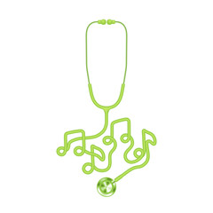 Wall Mural - Stethoscope green color and music note sign symbol made from cable isolated on white background, with copy space