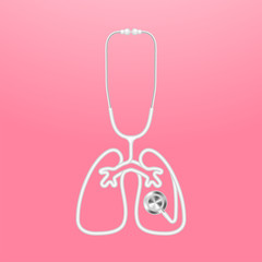 Stethoscope white color and lung sign symbol shape made from cable isolated on pink gradient background, with copy space