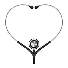 Wall Mural - Stethoscope black color and heart sign symbol frame made from cable isolated on white background, with copy space