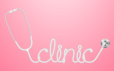 Wall Mural - Stethoscope white color and clinic text made from cable isolated on pink gradient background, with copy space