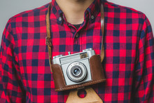 Mid Section Of Man With An Old Film Camera