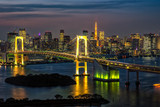 Fototapeta Miasta - Beautiful night view of Tokyo Bay, Rainbow bridge and Tokyo Tower landmark Twilight scene, Odaiba, Japan