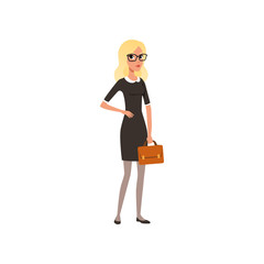 Canvas Print - Cartoon blond business woman with brown briefcase. Young girl character in glasses and elegant black dress. Office worker. Full-length portrait. Flat vector design