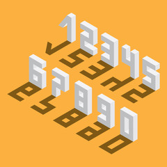 Poster - Numbers sequence from 1 to 9 and 0, drawn in isometric style, based on blocks. Drop shadow on yellow background