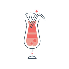 Sticker - Glass of hurricane cocktail with drinking straw and slice of orange. Tropical alcoholic beverage. Flat vector icon with black outline and red fill color