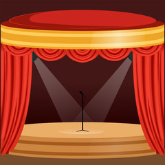 Sticker - Theater or music concert scene with red curtain, lights and microphone stand in the center. Wooden stage with drapery and pelmets. Flat cartoon vector