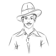 Indian Background With Nation Hero And Freedom Fighter Bhagat Singh On Isolated White Backdrop