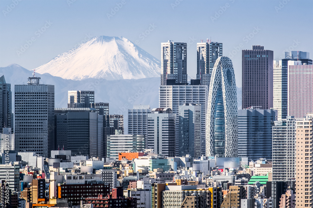 Tokyo Shinjuku building and Mt. Fuji at Behind - obrazy, fototapety, plakaty 