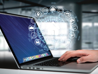 Home button of a technology interface surrounded by application - technology app concept