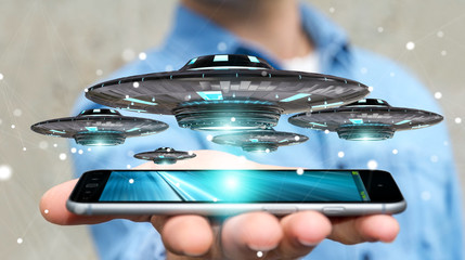 Poster - Businessman with retro UFO spaceship 3D rendering