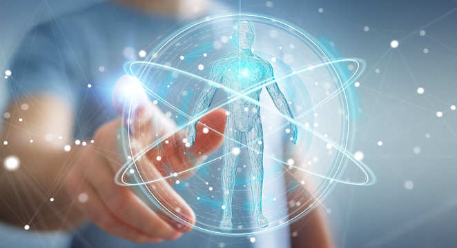 Businessman using digital x-ray human body scan interface 3D rendering