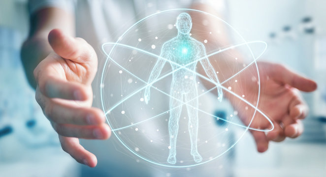 Businessman using digital x-ray human body scan interface 3D rendering
