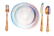 Plates, spoon, fork, knife, cutlery