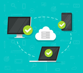 Cloud network connection between devices vector illustration, flat cartoon desktop computer pc, laptop and smartphone or mobile phone connected to network, wireless access point, communication system