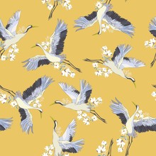 Japanese Seamless Pattern Of Birds And Water. Traditional Vintage Fabric Print. White And Blue Indigo Background. Kimono Design. Monochrome Vector Illustration.