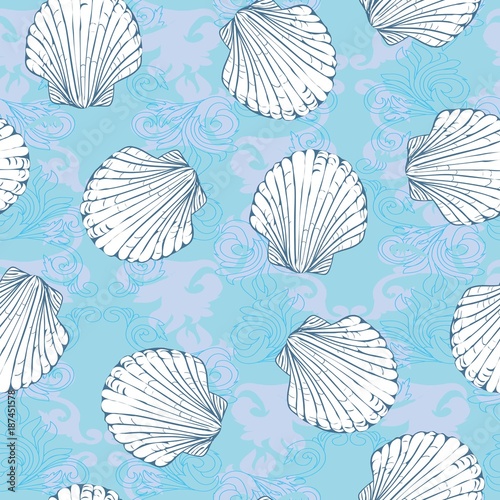 Stoffe zum Nähen Nahtlose Vektormuster mit Hand gezeichnet Jakobsmuscheln. Schöne marine Design-Elemente, perfekt für Drucke und Muster.