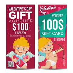 Sticker - Valentine s Day Voucher Template Vector. Vertical Free Card. February 14. Valentine Cupid And Gifts. Holidays Love Advertisement. Gift Certificate Red Illustration