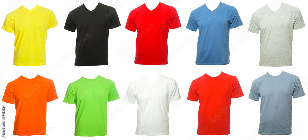 Shortsleeve cotton tshirt templates of various colors isolated on white - obrazy, fototapety, plakaty 