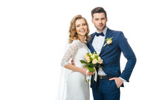 Portrait Of Smiling Bride With Wedding Bouquet And Groom Isolated On White