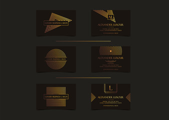 Black Gold Luxury business cards set for VIP event. Elegant Greeting Card with golden circle geometric pattern. Banner or invitation with foil round logo. Branding or identity graphic design