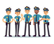 Group Of Police Officers. Woman And Man Cops Vector Characters