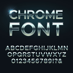 Sticker - Chrome metal vector font. Steel metallic alphabet letters